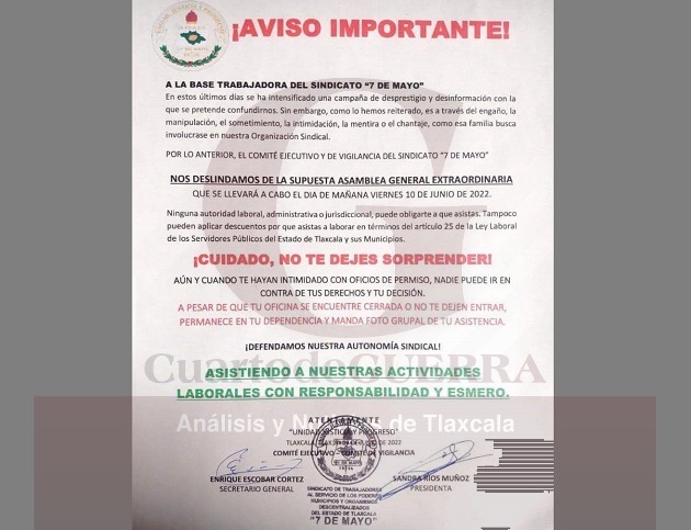 Sindicato del ‘7 de Mayo’ se deslinda de convocatoria para asamblea